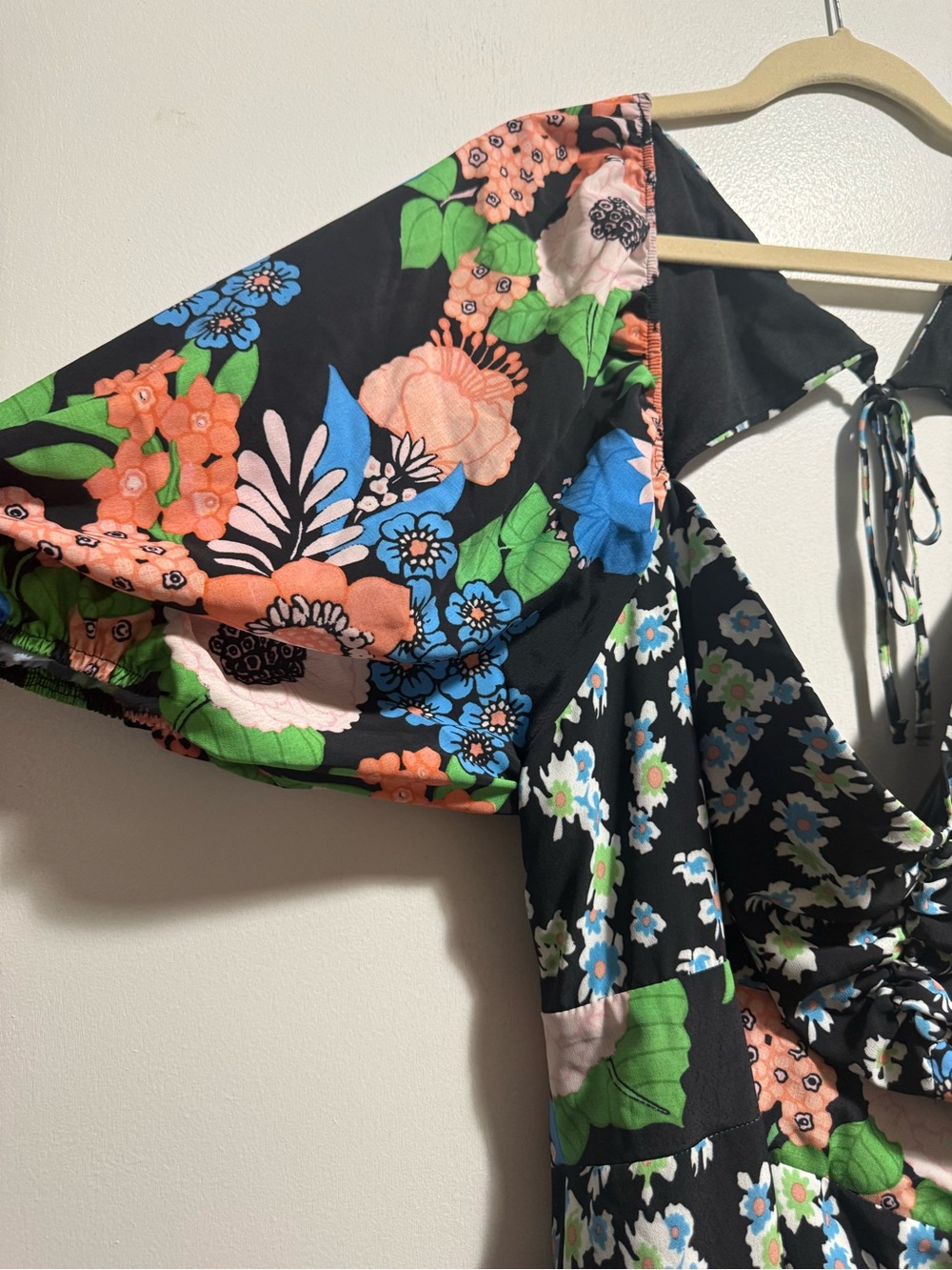 Floral Black Midi Dress with Blue & Green Blooms - Picture 2 of 6
